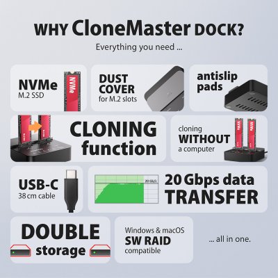 ADSA-M2C22L USB 20Gbps dokovací stanice pro 2× NVMe SSD