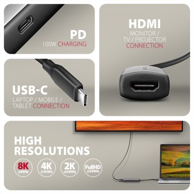 RVC-HI8KPD USB-C > HDMI 2.1 adapter, 8K/60Hz, PD 100W