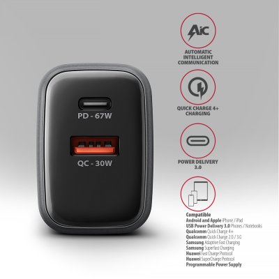 ACU-PQ67D PD3.0 & QC4+ 2× OUTPUTS, LCD display, wall charger 67W