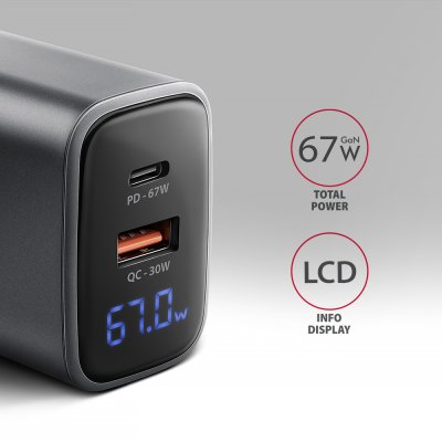 ACU-PQ67D PD3.0 & QC4+ 2× OUTPUTS, LCD display, wall charger 67W