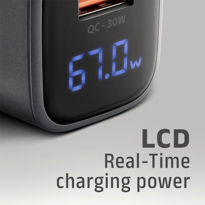 ACU-PQ67D PD3.0 & QC4+ 2× OUTPUTS, LCD display, wall charger 67W
