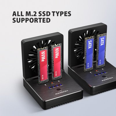 ADSA-M2C22 USB-C 20Gbps dokkolóállomás 2x M.2 NVMe / SATA SSD-hez, PC nélküli lemezklónozási funkcióval