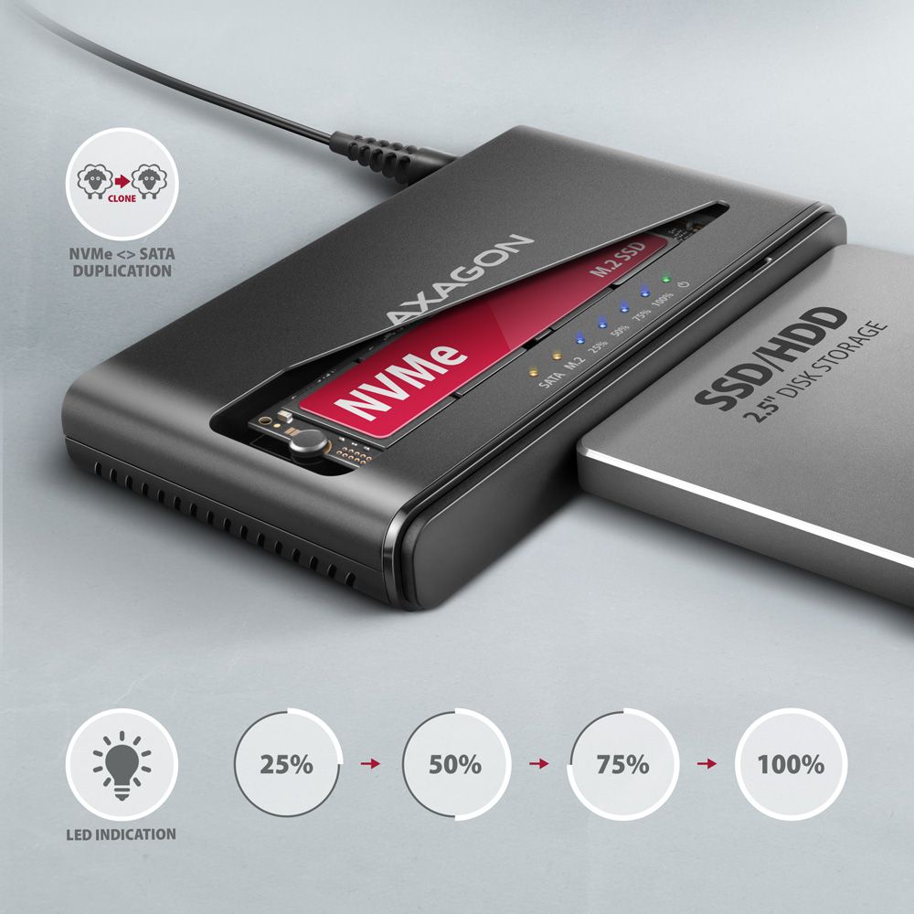 ADSA-CC USB-C 10Gbps adaptér pro M.2 NVMe + SATA SSD/HDD