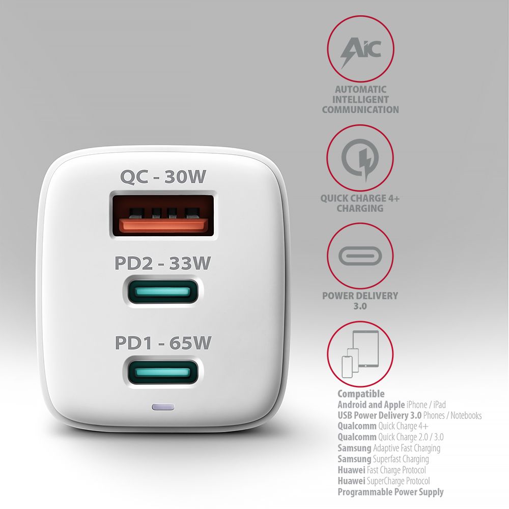 ACU-DPQ65W PD3.0 & QC4+ 3xOUTPUTS wall charger 65W