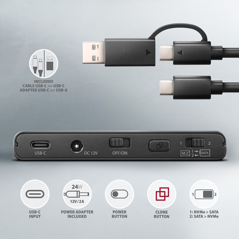 ADSA-CC USB-C 10Gbps adaptér pro M.2 NVMe + SATA SSD/HDD