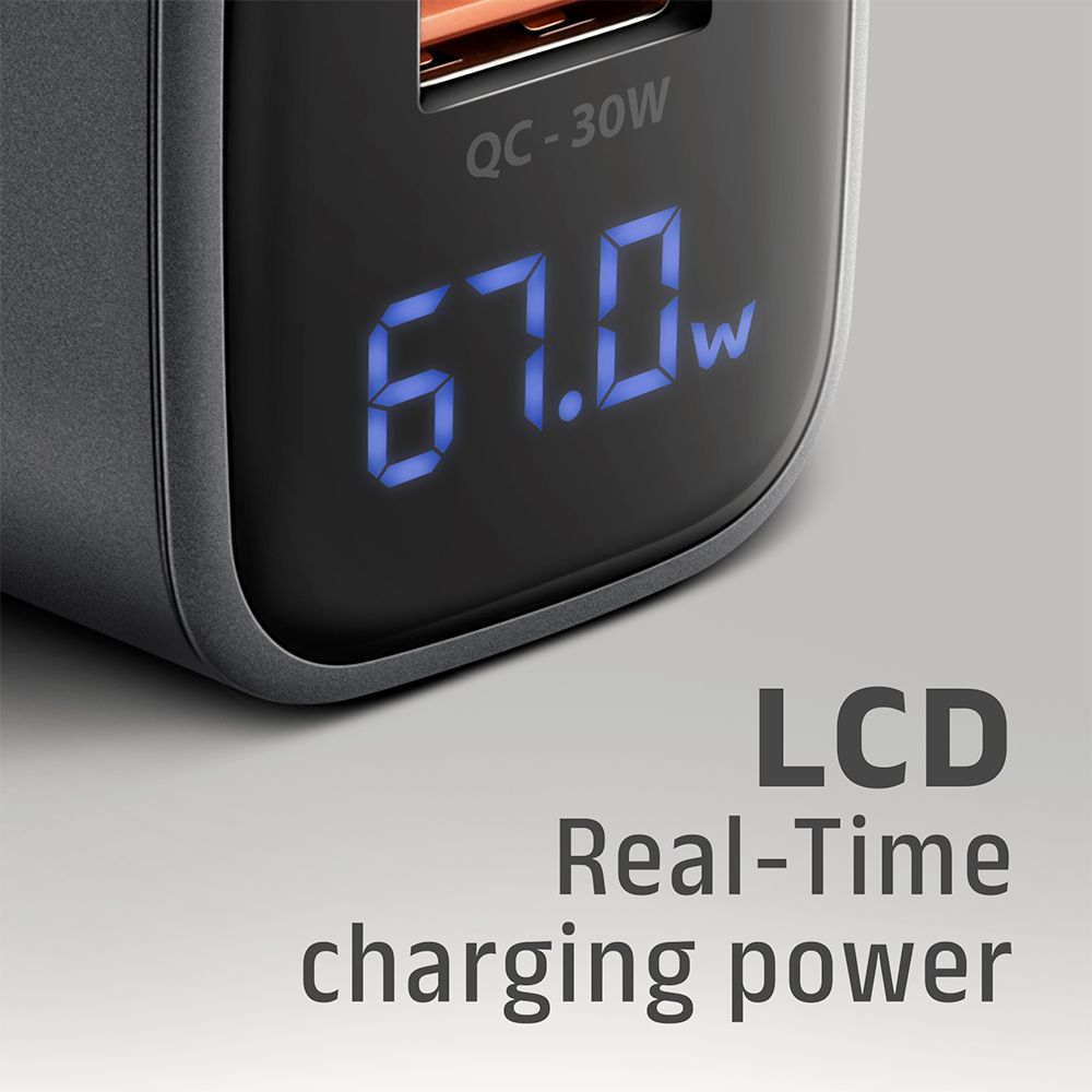 ACU-PQ67D PD3.0 & QC4+ 2× OUTPUTS, LCD display, wall charger 67W