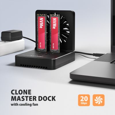 ADSA-M2C22 USB-C 20Gbps dokovací stanice pro 2x M.2 NVMe / SATA SSD s funkcí klonování disků bez PC