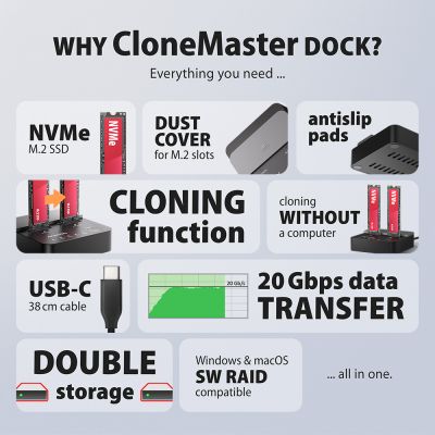ADSA-M2C22L USB 20Gbps dokovací stanice pro 2× NVMe SSD