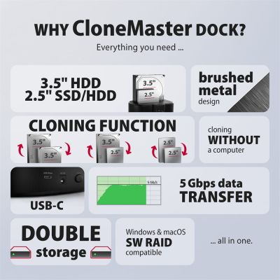 ADSA-SC USB-C 5Gbps docking station for 2x 2.5"/3.5" SSD/HDD with disk cloning function without PC