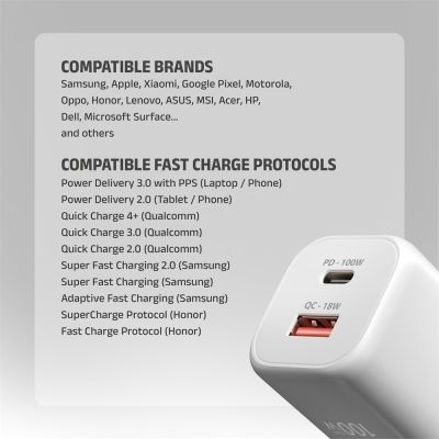 ACU-PQ100W GaN wall charger 100W, USB-C + USB-A, for laptops and phones