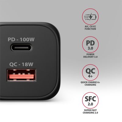 ACU-PQ100 GaN wall charger 100W, USB-C + USB-A, for laptops and phones