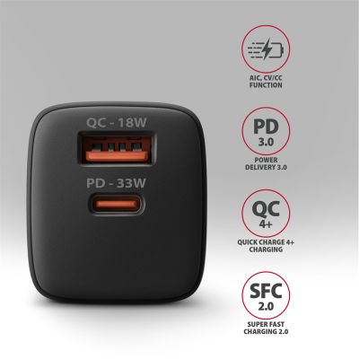 ACU-PQ33 GaN wall charger 33W, USB-A + USB-C, for phones and tablets
