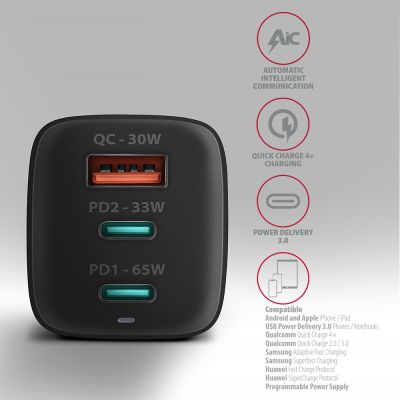 ACU-DPQ65 PD3.0 & QC4+ 3xOUTPUTS wall charger 65W