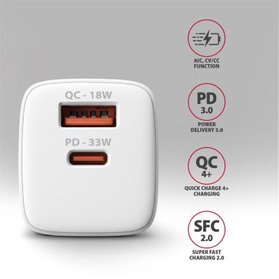 ACU-PQ33W GaN wall charger 33W, USB-A + USB-C, for phones and tablets