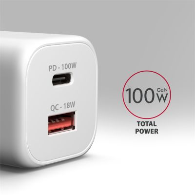 ACU-PQ100W GaN wall charger 100W, USB-C + USB-A, for laptops and phones