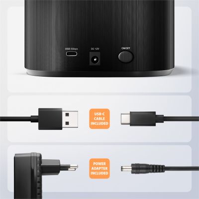 ADSA-SC USB-C 5Gbps docking station for 2x 2.5"/3.5" SSD/HDD with disk cloning function without PC
