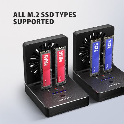 ADSA-M2C22 USB-C 20Gbps dokovací stanice pro 2x M.2 NVMe / SATA SSD s funkcí klonování disků bez PC