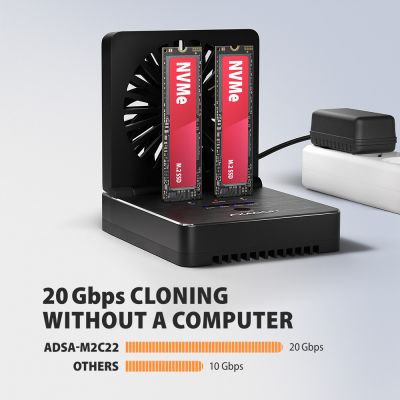 ADSA-M2C22 USB-C 20Gbps dokovací stanice pro 2x M.2 NVMe / SATA SSD s funkcí klonování disků bez PC