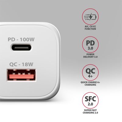 ACU-PQ100W GaN wall charger 100W, USB-C + USB-A, for laptops and phones